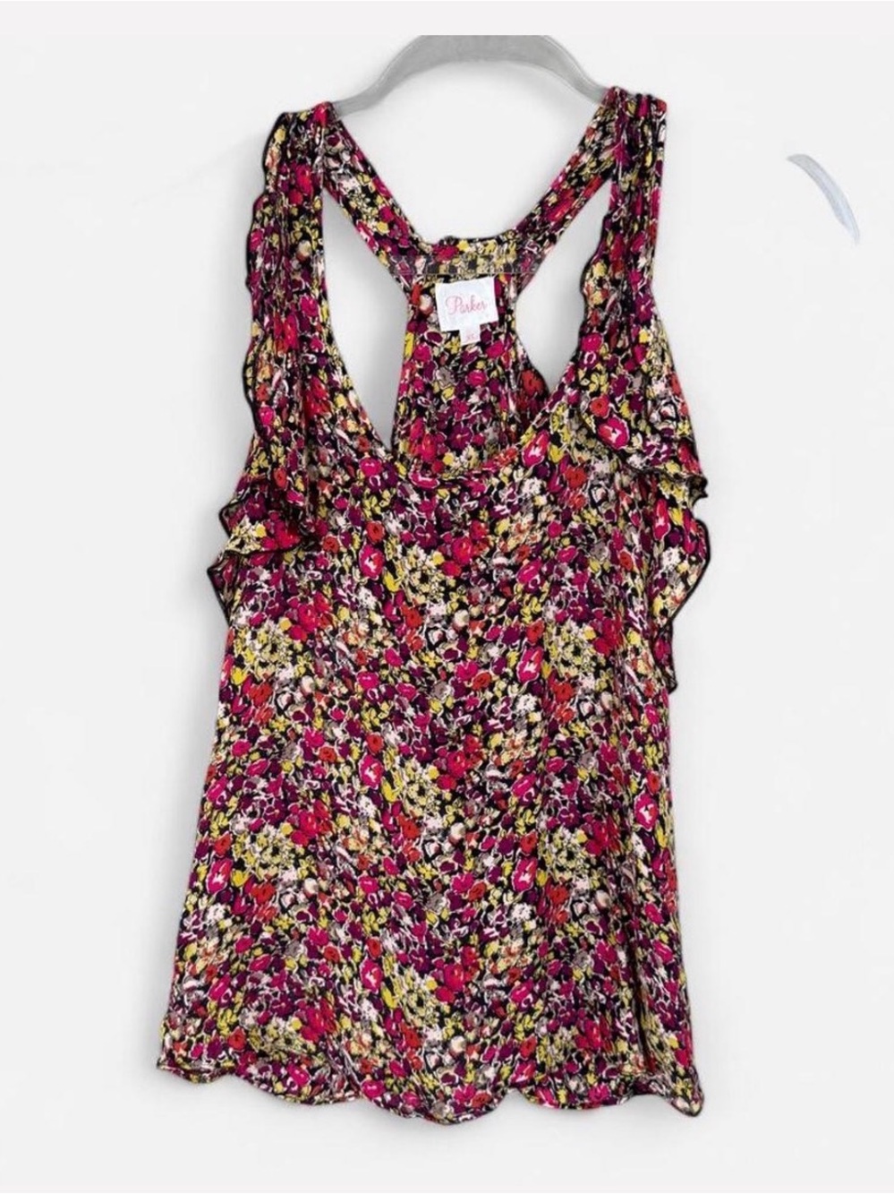 Parker Silk Floral Ruffle Racerback Tank Top size XS (0 / 2)